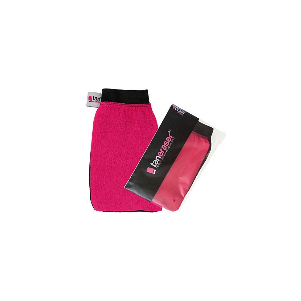 Pink and black reusable exfoliating mitt glove for removing spray tan, packaged in a clear bag with a label, featuring a soft texture for effective tan removal.