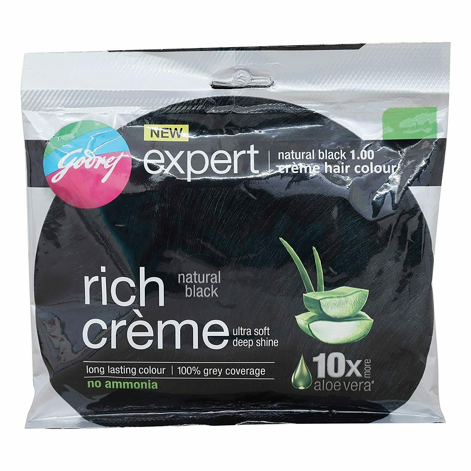 Godrej Expert Rich Creme Hair Colour in Natural Black, featuring a sleek packaging with aloe vera imagery, promises long-lasting color and no ammonia for ultra-soft, deep shine.