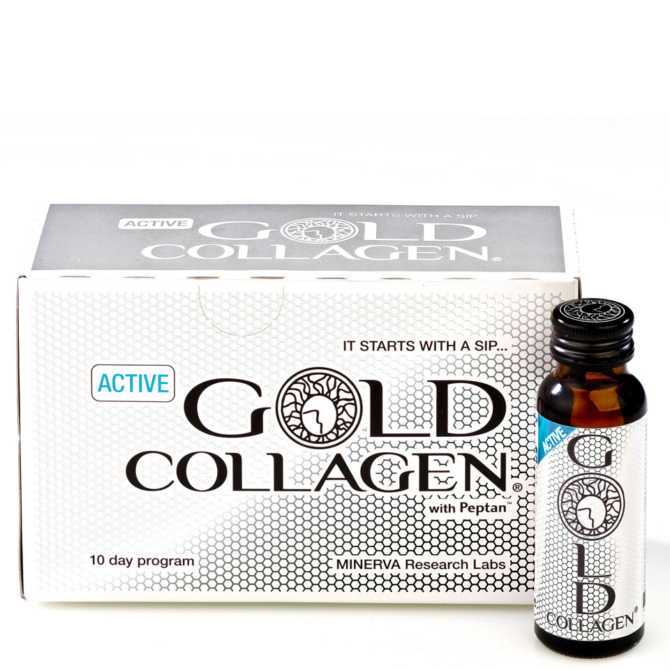 Clear glass bottle of Gold Collagen liquid supplement, 50ml, with a black and silver box, featuring "Active" and "10 day program" labels in blue and white.