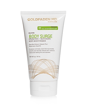 White tube featuring "Goldfaden MD" branding, labeled "Body Surge Hydrating & Restoring Body Moisturizer," with a flip-top cap and 5 oz capacity, emphasizing hydration for dull skin.