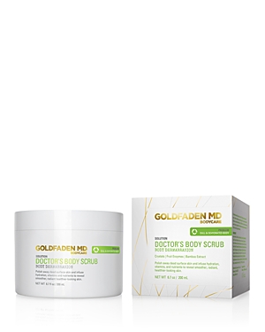 White jar of Goldfaden MD Doctor's Scrub Body Dermabrasion, 200ml, with green and gold accents, featuring a simple label and a matching box design.