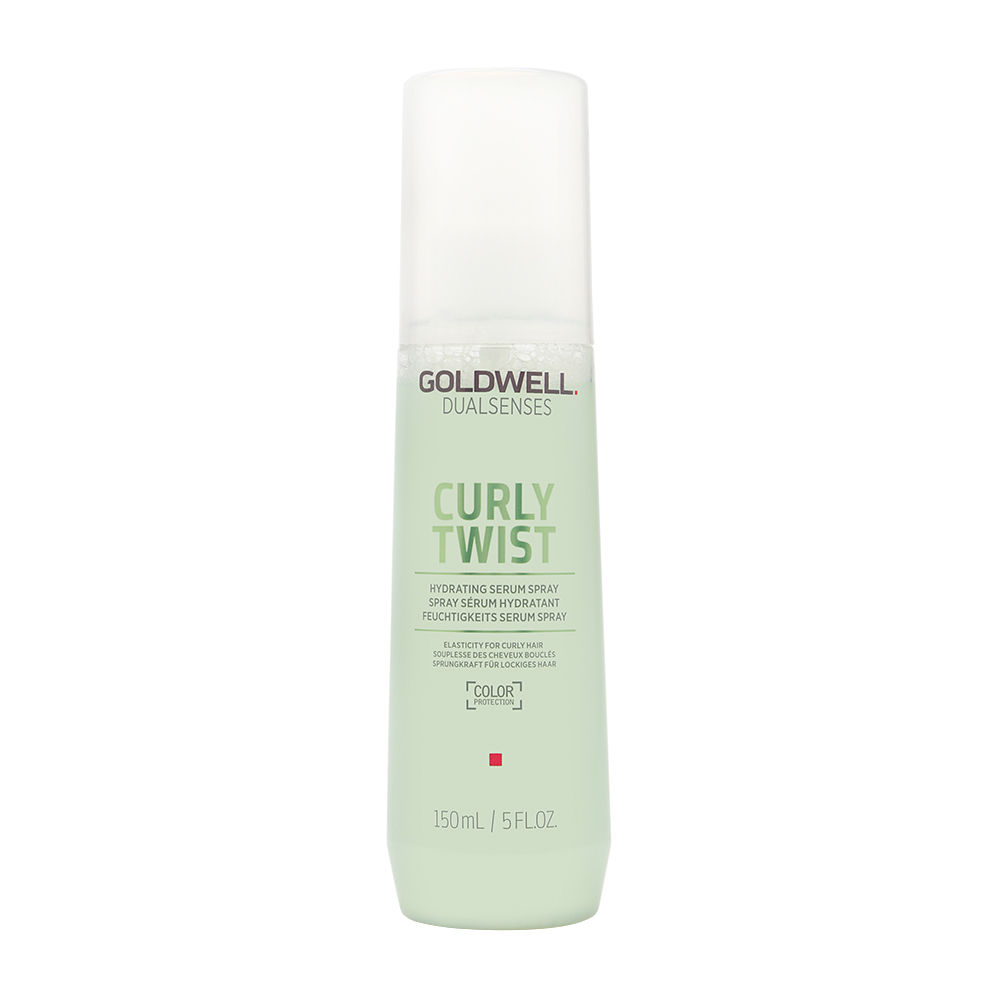Goldwell Dualsenses Curly Twist Hydrating Serum Spray in a light green bottle with a white pump, labeled for curly hair, 150ml size, featuring a sleek and modern design.