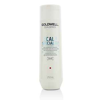 White plastic bottle of Goldwell Dualsenses Scalp Specialist Anti-Dandruff Shampoo, featuring a blue and black label, with 250 ml capacity and anti-dandruff benefits.