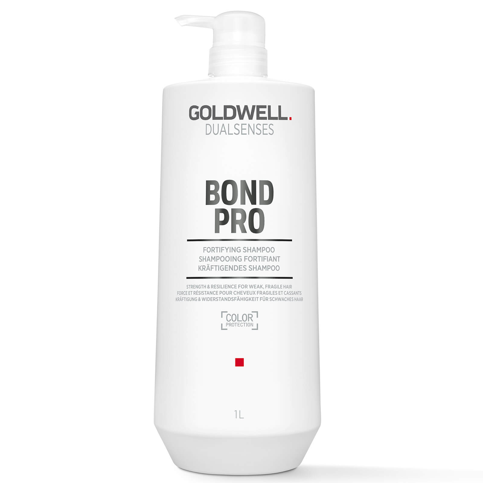 White bottle of Goldwell Dualsenses Bond Pro shampoo, featuring a black label with bold text, designed for fortifying hair, with a pump dispenser at the top.