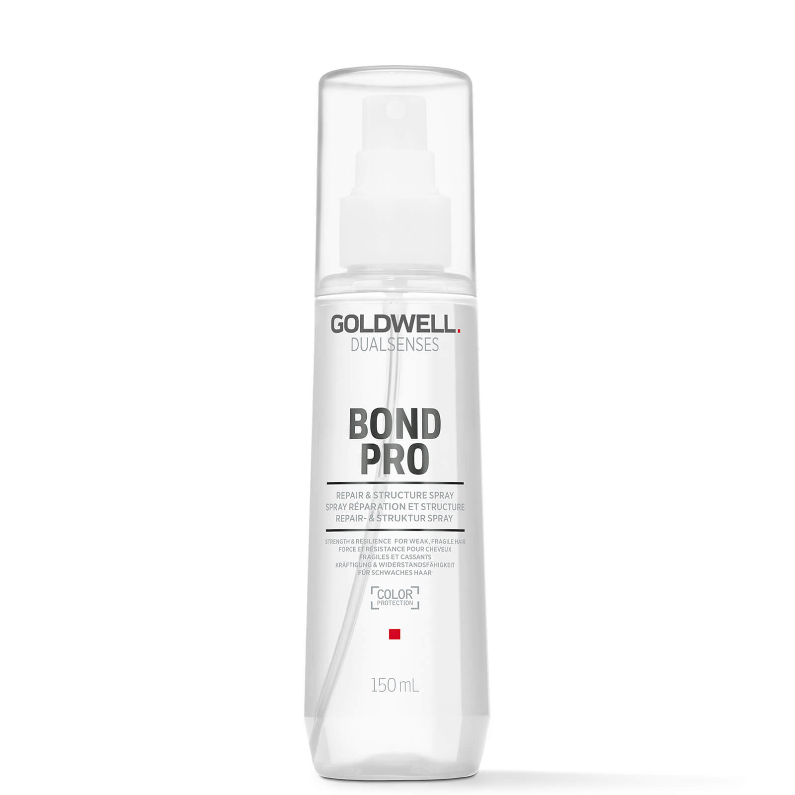 Clear plastic spray bottle with a silver and white label, featuring "Goldwell Bond Pro" in bold letters, designed for strengthening weak hair, containing 150ml of product.