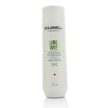 White cylindrical bottle of Goldwell Dual Senses Curly Twist Shampoo, 250ml, featuring green and black text, with a minimalist design and a red square logo at the bottom.