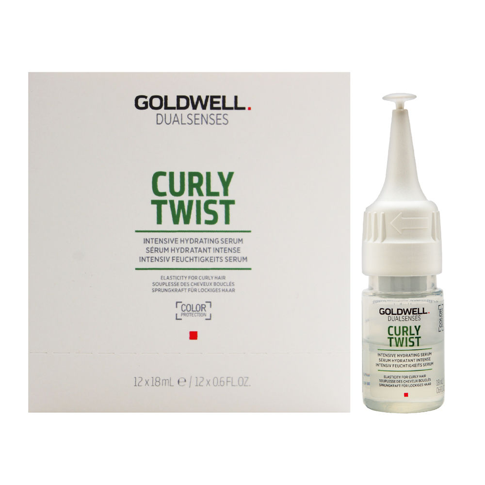 Clear glass bottle with a white dropper cap, containing a hydrating serum for curly hair, alongside a white box featuring green text and product details.