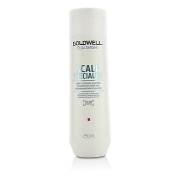 White bottle of Goldwell Dualsenses Scalp Specialist Deep Cleansing Shampoo, 250ml, featuring blue text and a red square logo at the bottom.