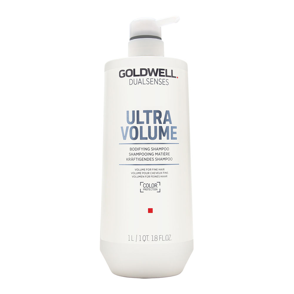 Goldwell Dualsenses Ultra Volume Bodifying Shampoo in a sleek white bottle with a pump top, labeled clearly, designed for unisex use, 33.8 oz size.
