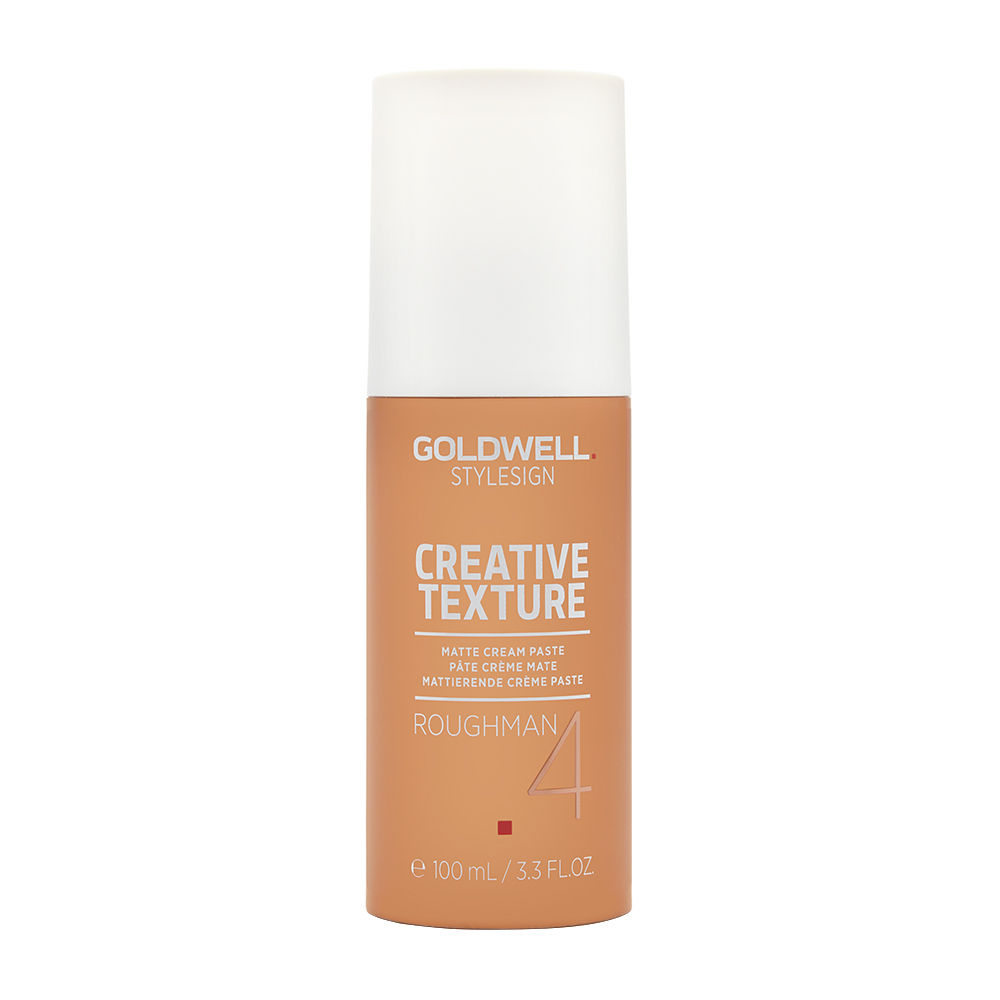 Goldwell StyleSign Creative Texture Roughman 4 is a 3.3 oz matte cream paste in a sleek, beige-orange tube with a white cap, designed for styling and texturizing hair.