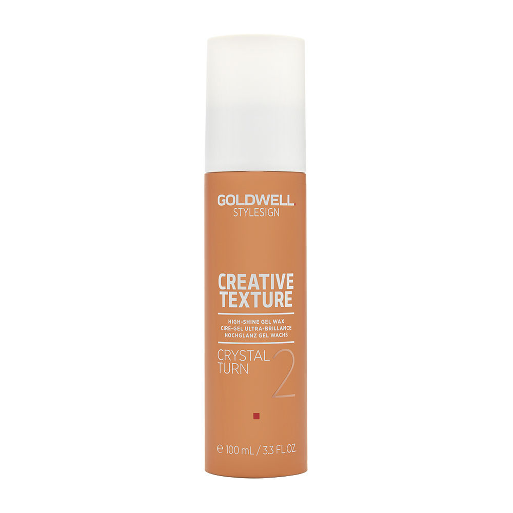 Goldwell Stylesign Creative Texture Crystal Turn High-Shine Gel Wax in a sleek orange bottle with a white cap, labeled with product details and a glossy finish.
