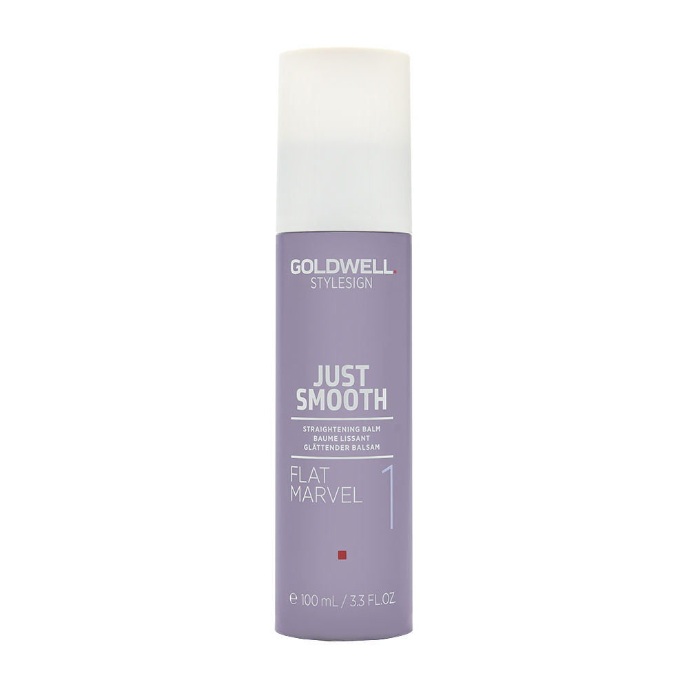 Goldwell StyleSign Just Smooth Flat Marvel Straightening Balm in a sleek lavender bottle with a white cap, labeled with product details and a red dot at the bottom.