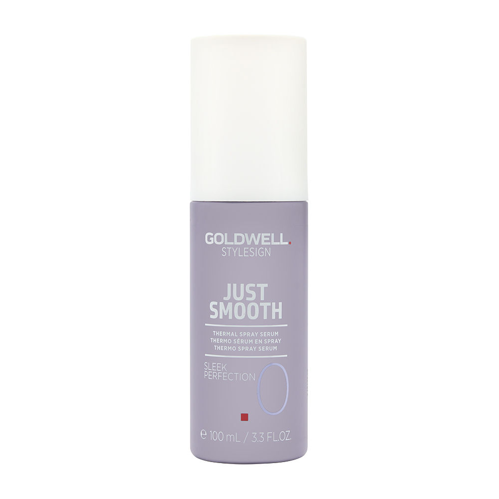 Goldwell StyleSign Just Smooth Sleek Perfection Thermal Spray Serum in a 3.3 oz lavender bottle with a white cap, featuring sleek branding and a smooth finish.