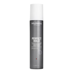 Goldwell Stylesign Perfect Hold Hairsprayer in a sleek gray canister with a white cap, labeled with "Perfect Hold" and "Sprayer 5," containing 10.1 ounces (300 milliliters) of product.