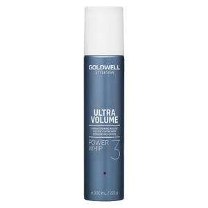 Tall, cylindrical aerosol can in a matte navy blue with a white cap, labeled "Goldwell StyleSign Ultra Volume Power Whip" in bold red and white text, 300ml size.