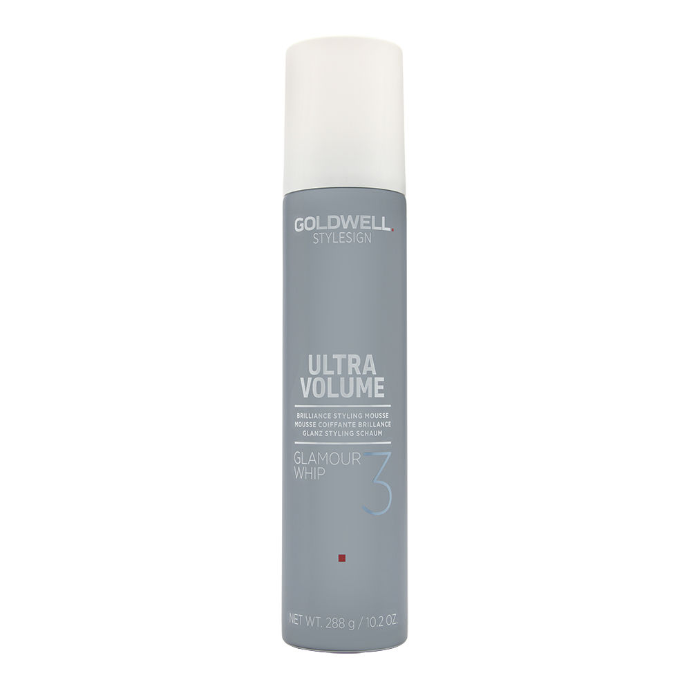 Gray cylindrical canister with a white cap, labeled "Goldwell StyleSign Ultra Volume Glamour Whip" in bold text, featuring a sleek design and 10.2 oz capacity.