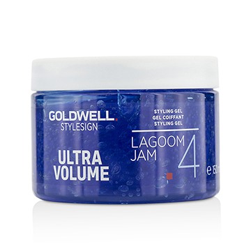 Clear blue jar of Goldwell STYLESIGN ULTRA VOLUME LAGOOM JAM #4 styling gel, 5 oz, with a white lid and label featuring product details in bold lettering.