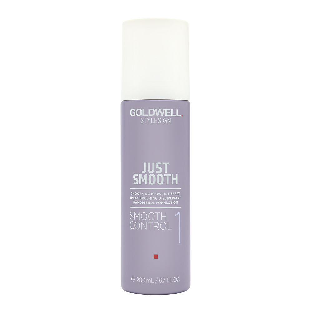 Goldwell StyleSign Just Smooth Control is a 200ml smoothing blow dry spray in a sleek lavender bottle with a white cap, featuring a minimalist design and the product name prominently displayed.