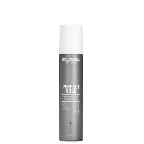 Silver aerosol can with a white cap, labeled "Goldwell Stylesign Perfect Hold Big Finish" in bold text, 300ml size, designed for strong hair hold.
