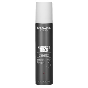 Goldwell StyleSign Perfect Hold Magic Finish hair spray in a sleek, dark gray can with a white cap, labeled with "Perfect Hold" and "Magic Finish" in bold white text.