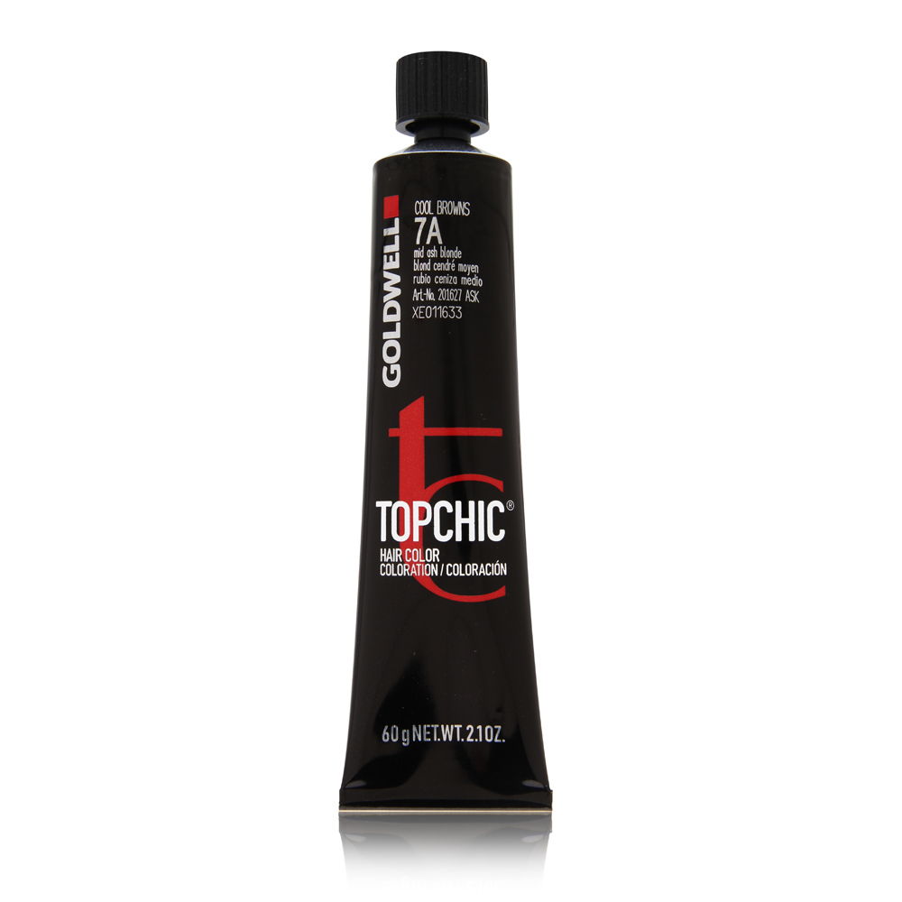 Goldwell Topchic Permanent hair color tube in 7A Mid Ash Blonde, featuring a sleek black design with red and white text, 60g size, and cool brown shade indication.