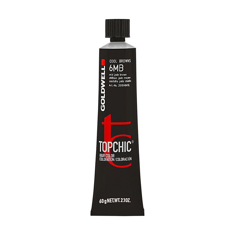Goldwell Topchic Hair Dye 60ml in shade 6-MB, featuring a sleek black tube with a silver cap, labeled "Cool Browns" and displaying vibrant color details.