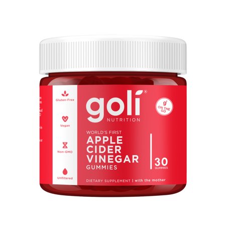 Red jar labeled "Goli Nutrition" with white lid, containing 30 vegan apple cider vinegar gummies; features gluten-free and non-GMO certifications on the label.