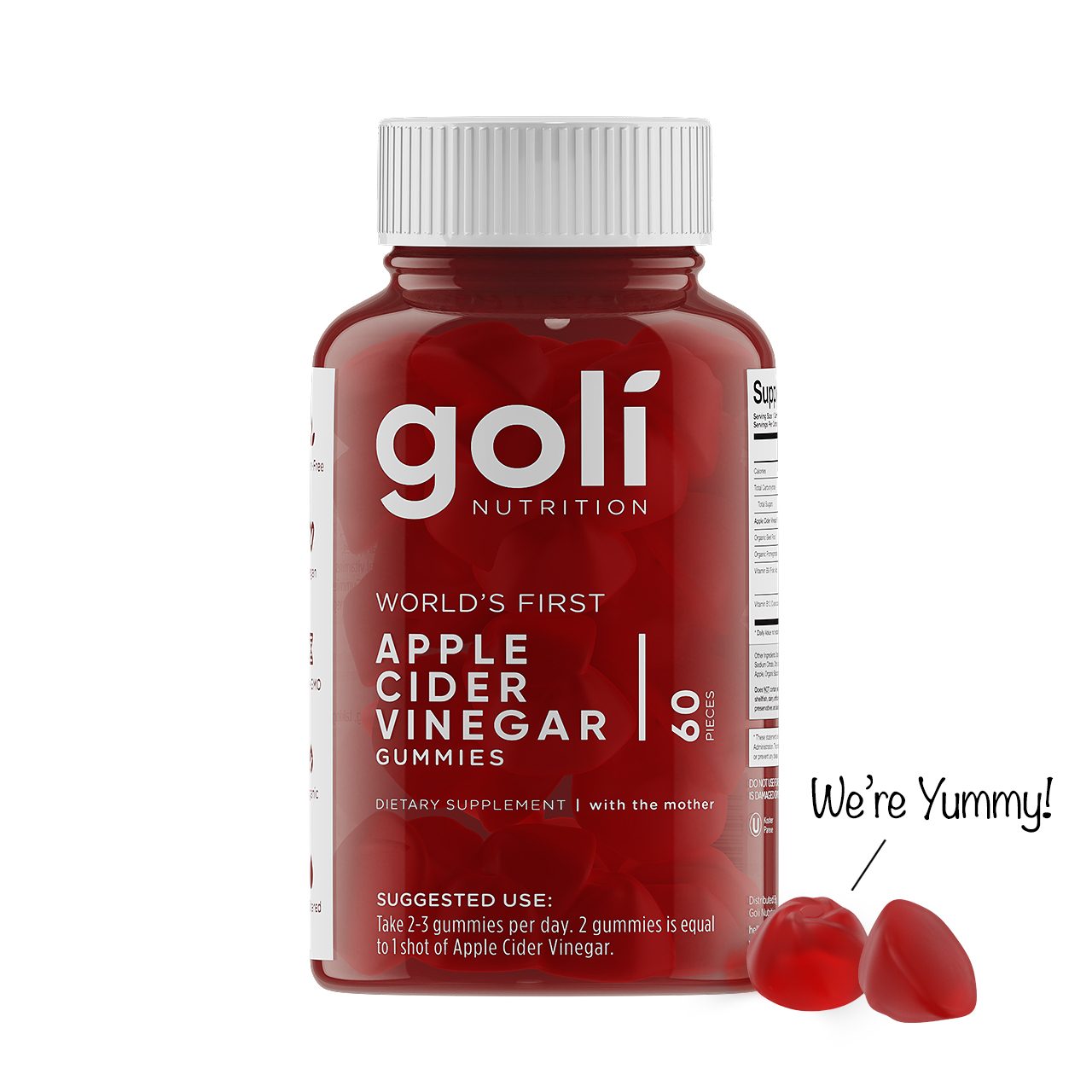 Red bottle of Goli Nutrition Apple Cider Vinegar Gummies, featuring a white label with black text, containing 60 gummies, with a playful tagline and two red gummy shapes beside it.