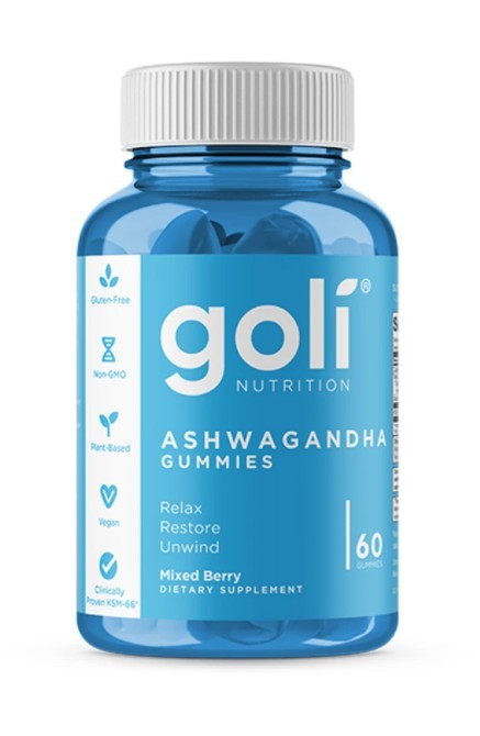 Blue plastic bottle of Goli Nutrition Ashwagandha Gummies, featuring a mixed berry flavor label, with 60 gummies, marked as gluten-free, vegan, and non-GMO.
