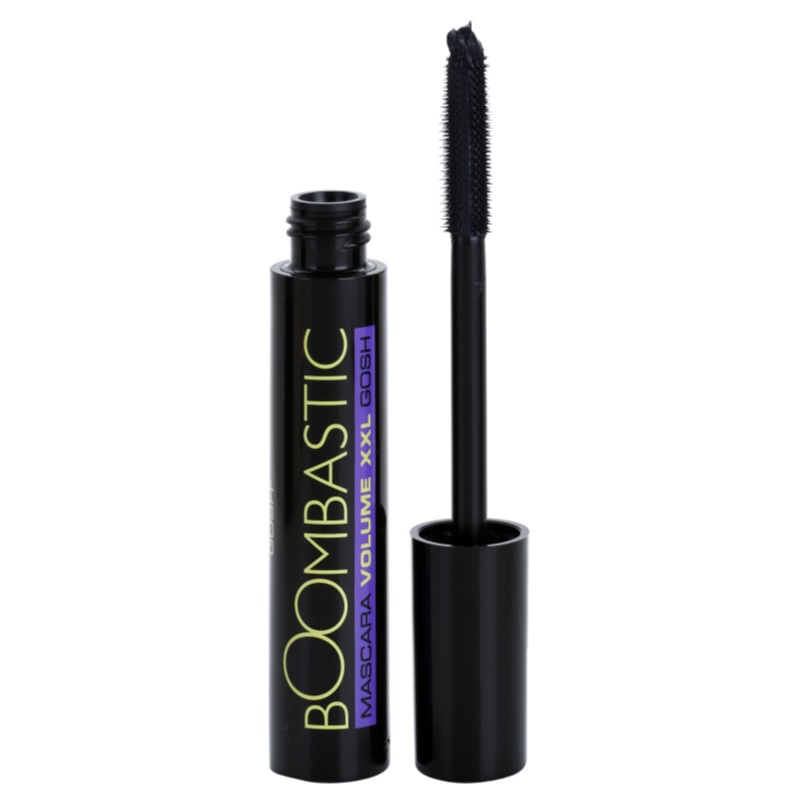 Black tube of Gosh Boombastic Mascara with vibrant purple and green text, featuring a thick bristle brush for extra volume, containing 13 ml of product.