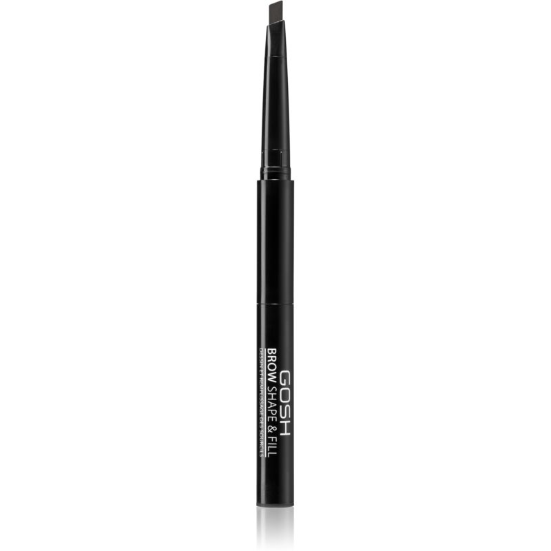 Gosh Shape & Fill Double Cream Eyebrow Pencil in 002 Gray-Brown, featuring a sleek black casing and a retractable pencil tip for precise application.