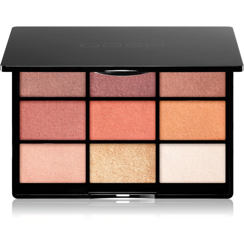 Gosh Eyeshadow Palette featuring 9 shades in warm tones, including soft pinks, corals, and a shimmering gold, housed in a sleek black compact with a clear lid.