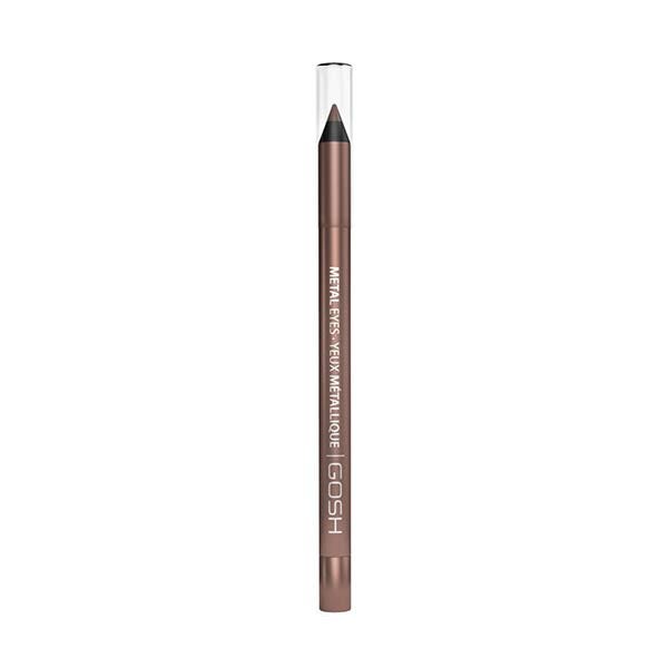 Metallic gel eyeliner pencil in a sleek design, featuring a rich, bronze color labeled "002 Pietra Di Luna," with a transparent cap and Gosh branding.
