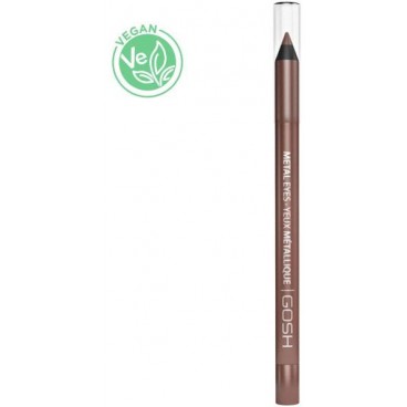 Metallic brown eyeliner pencil labeled "GOSH Metal Eyes Waterproof Eyeliner 003 Tiger Eye," featuring a clear cap and a vegan symbol in the corner.