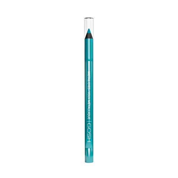 Turquoise metal gel pencil eyeliner by Gosh, featuring a sleek design with a transparent cap, labeled "GOSH" in white, and a smooth, vibrant color for eye makeup.