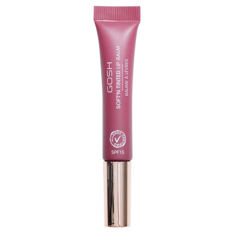 Gosh Soft'n Tinted Lip Balm in shade 006-Berry, featuring a sleek pink tube with a twist cap, 8ml size, and SPF 15 for added sun protection.