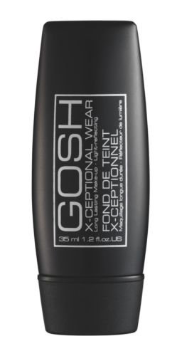 Black tube packaging of Gosh X-Ceptional Wear foundation in shade 19 Chestnut, featuring a sleek design and clear label with product details.