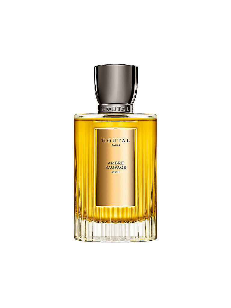 Clear glass bottle with a ribbed design, filled with golden amber liquid, topped with a shiny silver cap and a label reading "GOUTAL AMBRE SAUVAGE ABSOLU."