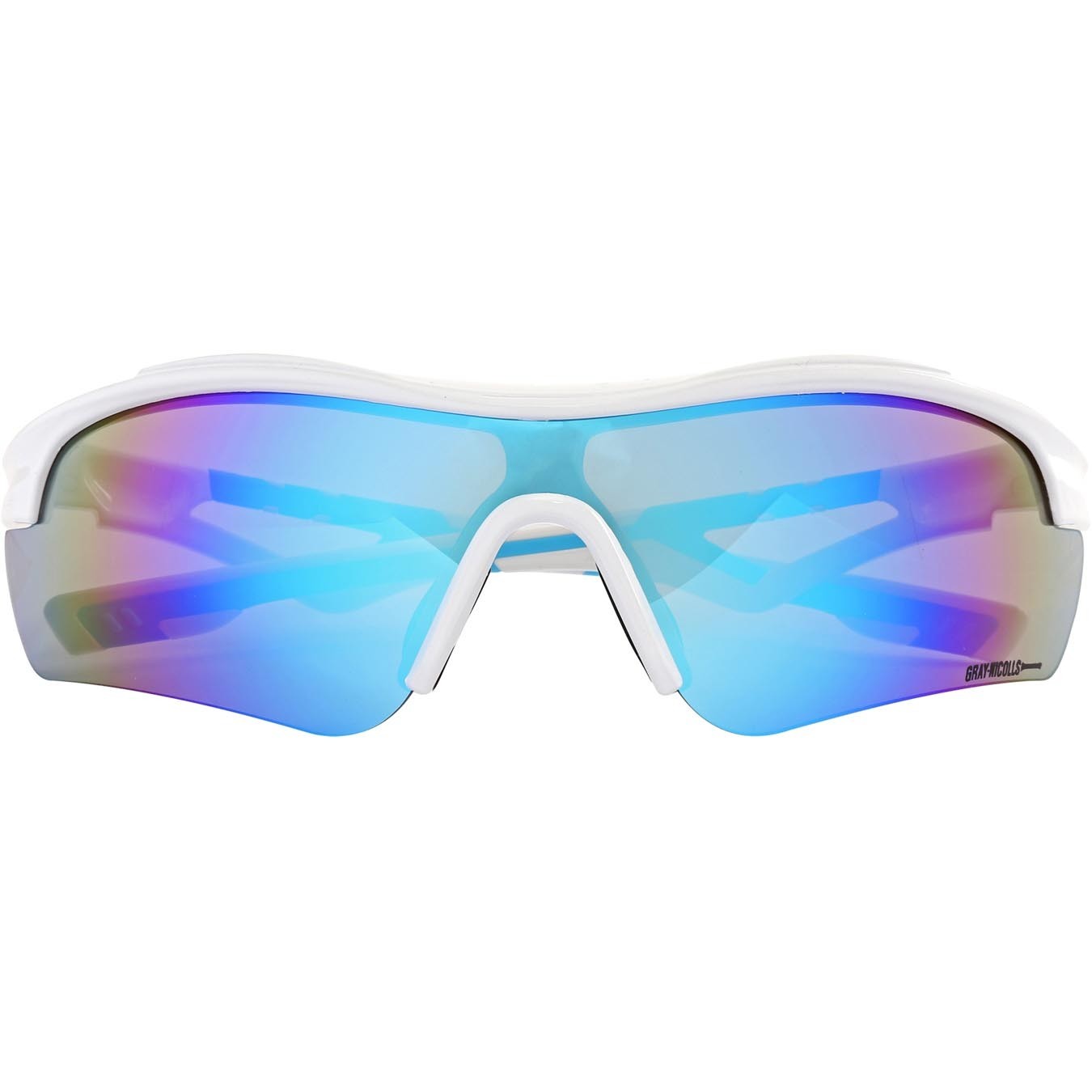 Sunglasses Gilbert by Gray-Nicolls feature a sleek white frame with large, reflective blue lenses, designed for optimal visibility and style in sports.