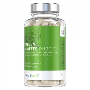 Clear bottle containing green coffee capsules, labeled "WeightWorld Pure Green Coffee" with a white and green design, showcasing 90 vegan capsules and emphasizing 21,000mg of natural chlorogenic acid.