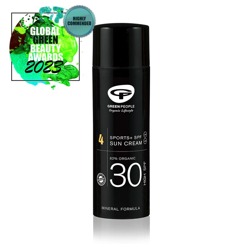 Black cylindrical bottle of Green People No.4 Sports + Sun Cream SPF30, featuring a white logo, with a green award badge indicating it is highly commended in the Global Green Beauty Awards 2023.