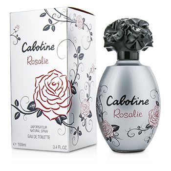 Silver oval bottle with a black floral cap, featuring a rose design and "Cabotine Rosalie" label; accompanied by a matching decorative box.