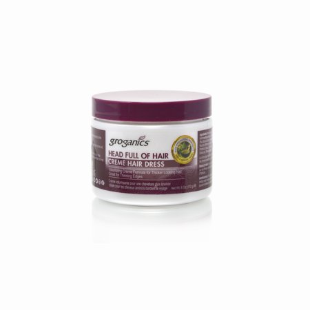 White jar with a purple lid labeled "Head Full of Hair Volumizing Creme 6oz" by Groganics, featuring a natural ingredients logo and detailed product information on the side.