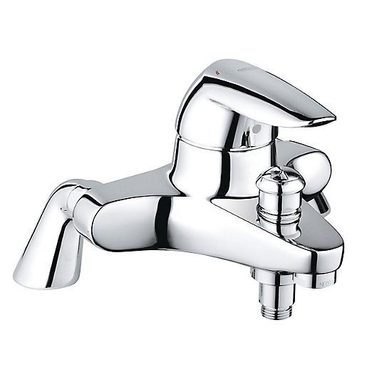 Polished chrome centre pillar unions with a sleek design, featuring a single lever handle and a spout, ideal for modern bathroom installations.
