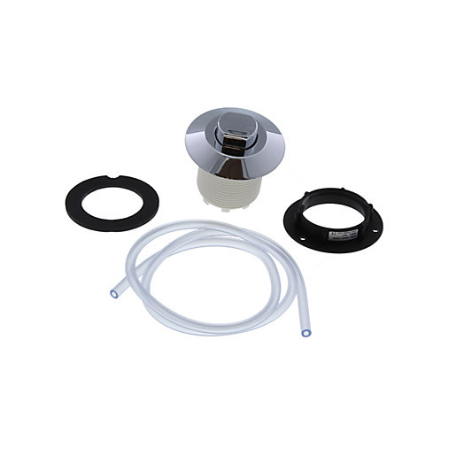 Grohe Air Button in chrome finish with a sleek, round design, includes a white flexible tube and black mounting ring, suitable for Adagio Cisterns 37762SH or 37945SH.