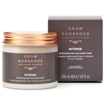Debenhams Intense Thickening Hair & Scalp Mask in a white jar with a gold lid, featuring a dark brown label with gold text, packaged in a matching brown box.