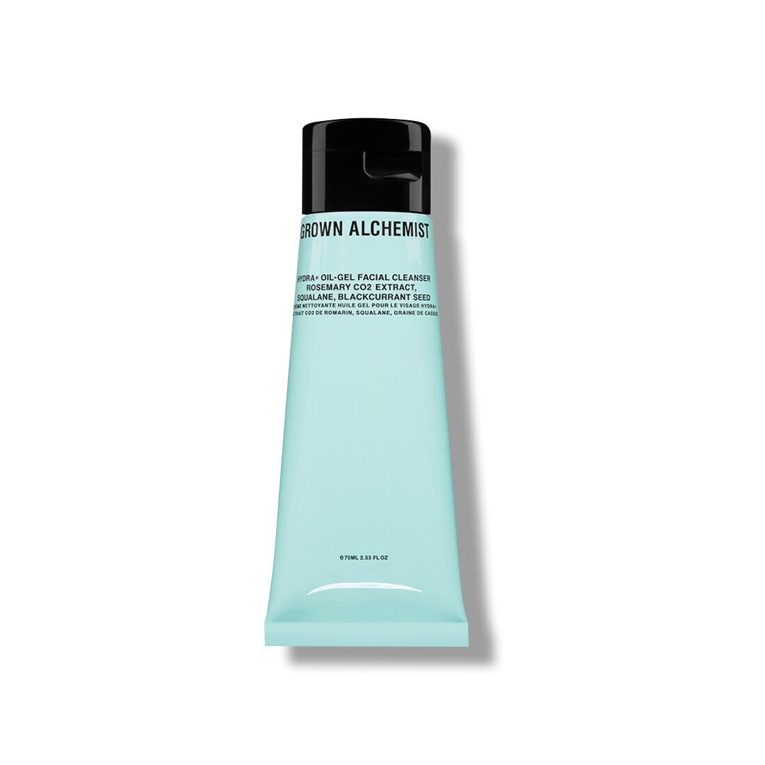 Light blue tube with a black cap, labeled "Grown Alchemist Hydra+ Oil-Gel Facial Cleanser," featuring key ingredients like Rosemary CO2 Extract and Squalane, 75ml size.