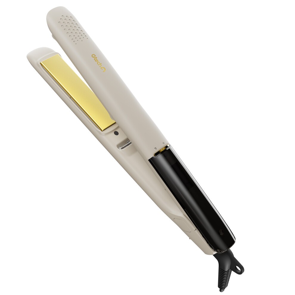 Gtech StyleOnic Turbo ION Compact Straighteners in oyster color, featuring a sleek design with a gold-plated plate and black accents for a modern look.