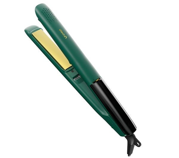 Teal compact straighteners with a sleek design, featuring gold-plated plates, a textured grip, and a power cord, ideal for achieving smooth, straight hair.
