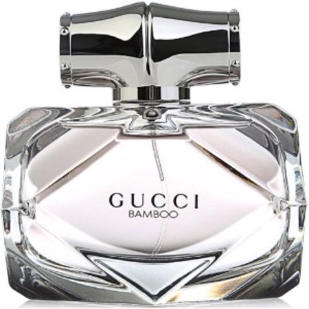 Clear glass bottle with a geometric design, featuring a silver cap, labeled "GUCCI BAMBOO" in elegant black font, containing 1.6oz of Eau De Parfum.